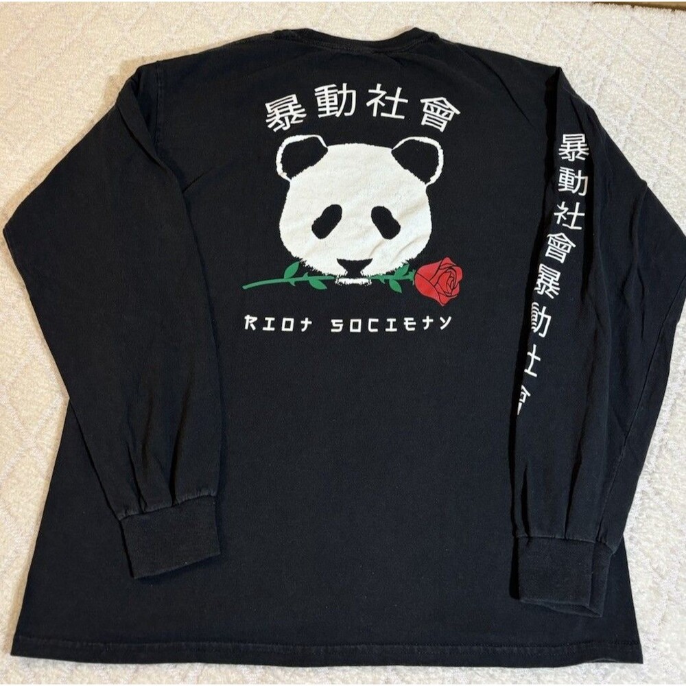 Riot Society Panda Rose 2 Sided USA Made Long Sleeve Black Tee Size L